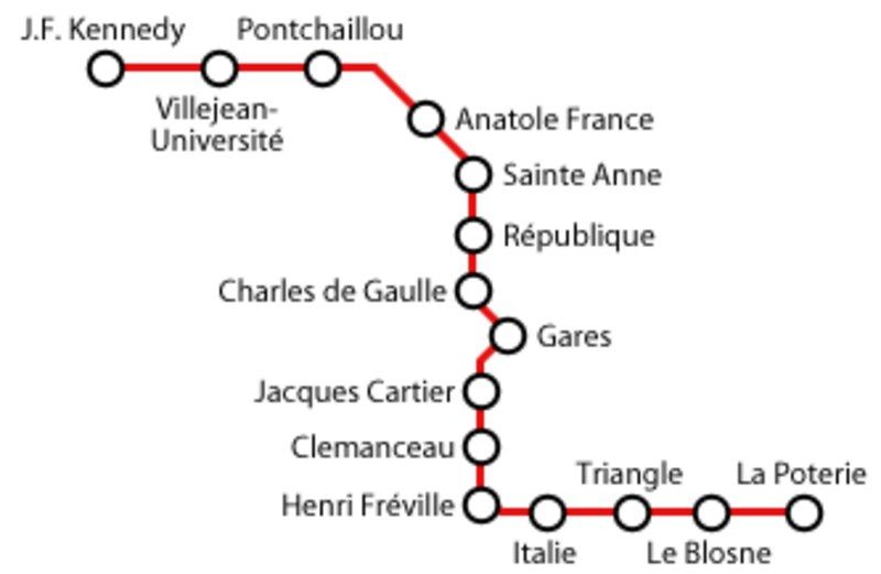 Plan de la ligne A du métro de Rennes