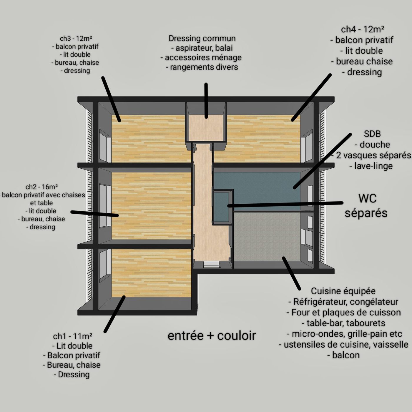 Plan annoté de l'appartement : 4 chambres, cuisine, salle de bain, WC, dressing commun